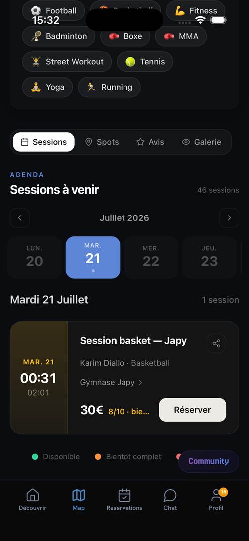 Sessions à venir du partenaire : les sportifs réservent directement