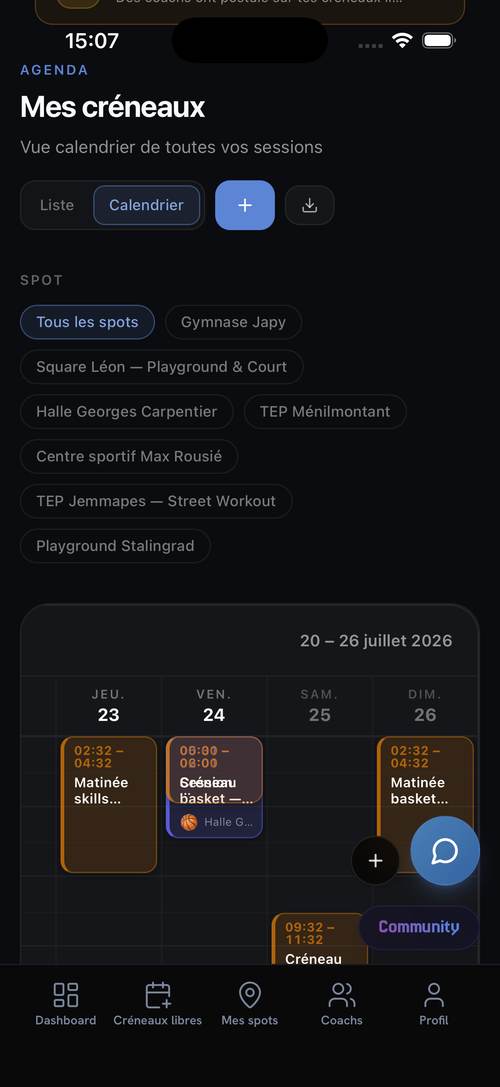 Mes créneaux : vue calendrier de tous les créneaux publiés