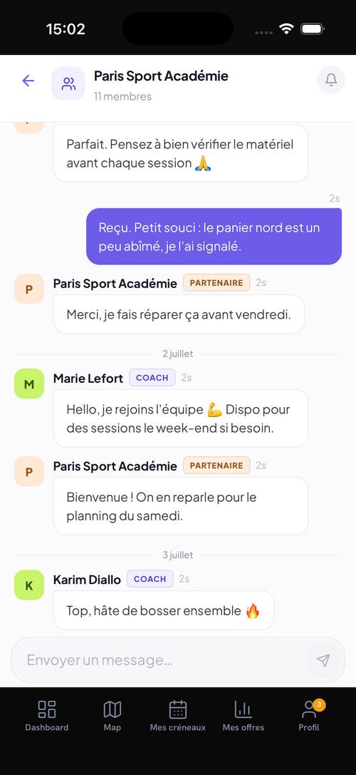 Chat d'équipe avec ta salle partenaire, sans donner ton numéro
