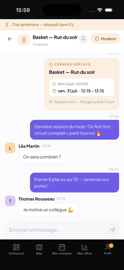 Chat éphémère de séance : le groupe de la session, coach et inscrits