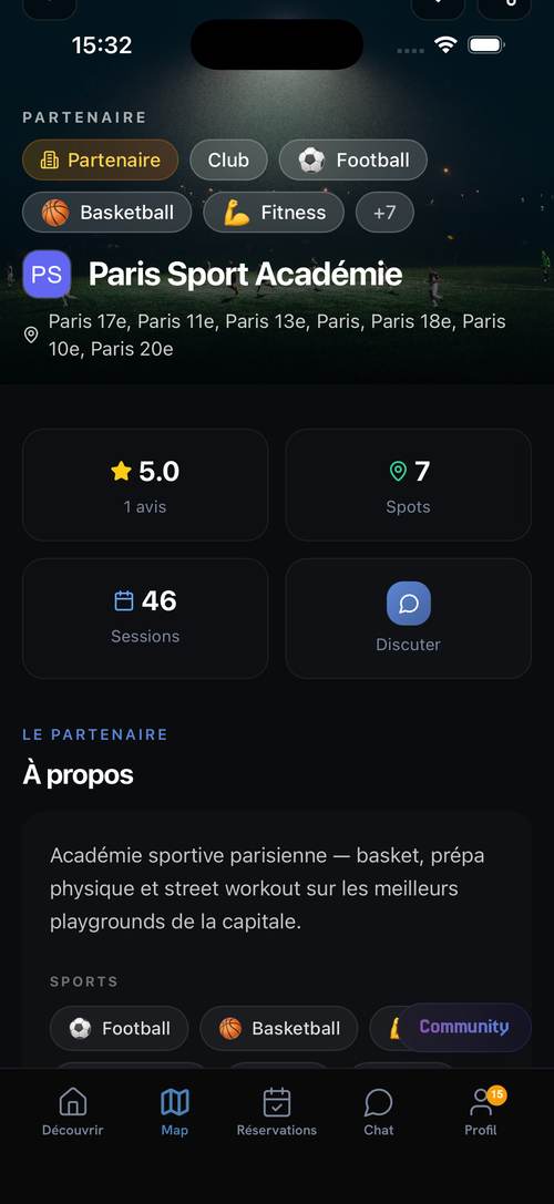 Page dédiée du partenaire : note, spots, sessions, à propos